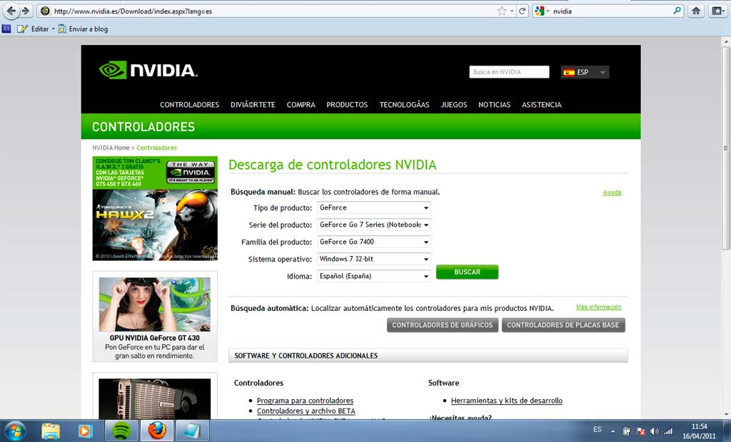Nvidia, busqueda de soporte técnico sobre una Nvidia Geforce Go 7400