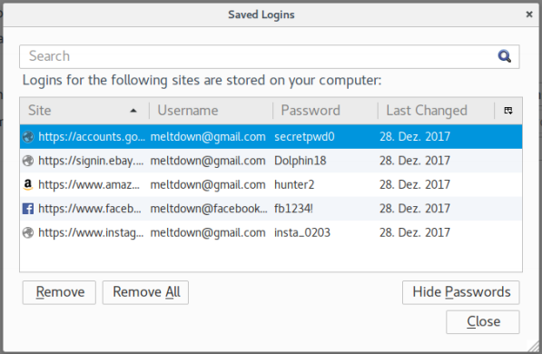 Captura extraida del paper de Meltdown donde muestra el gestor de contraseñas de Firefox 56 mostrando las claves cuando no debería hacerlo.